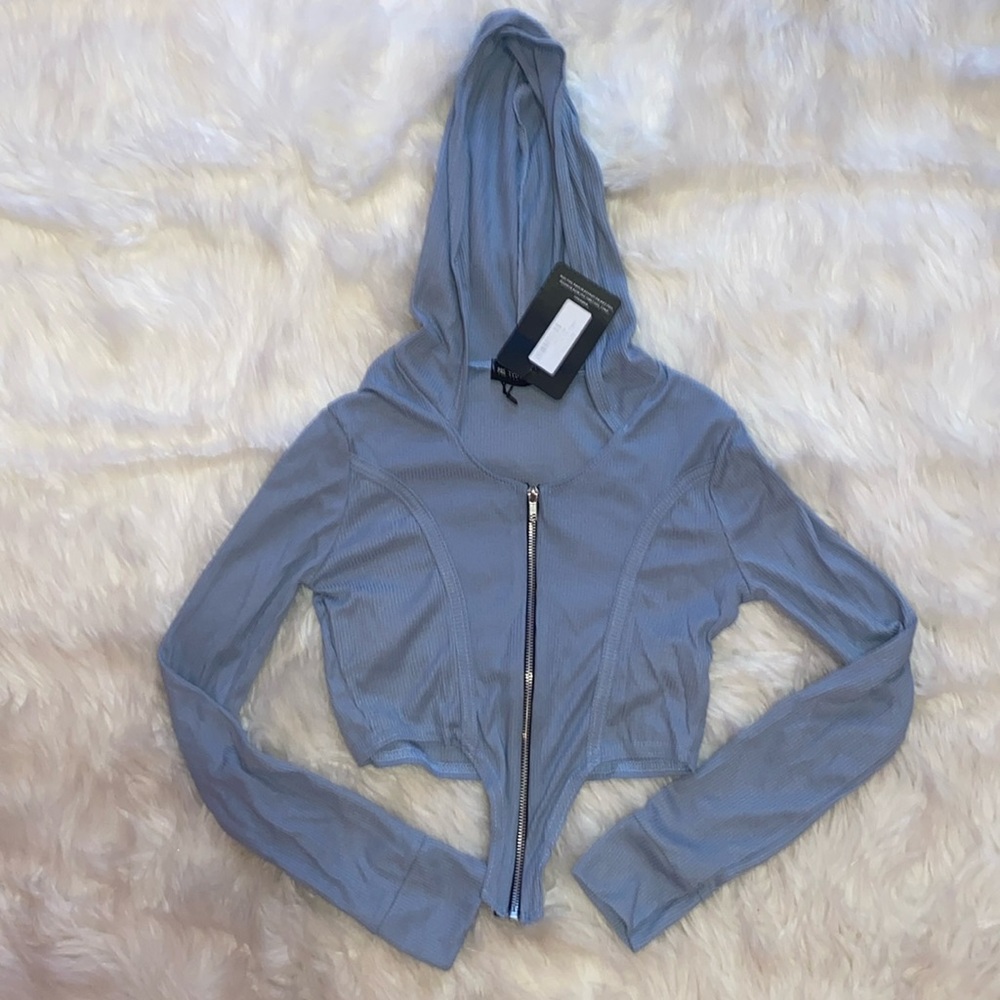 PrettyLittleThing Cropped Blue Top With Hoodie